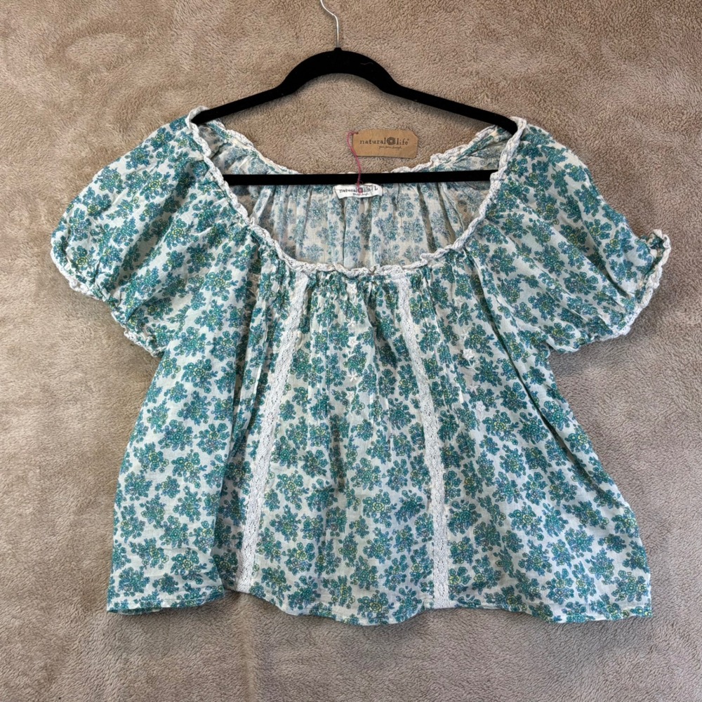 NEW Natural Life Floral Cotton Blouse Crochet Trim Boho Festival Boxy Granola